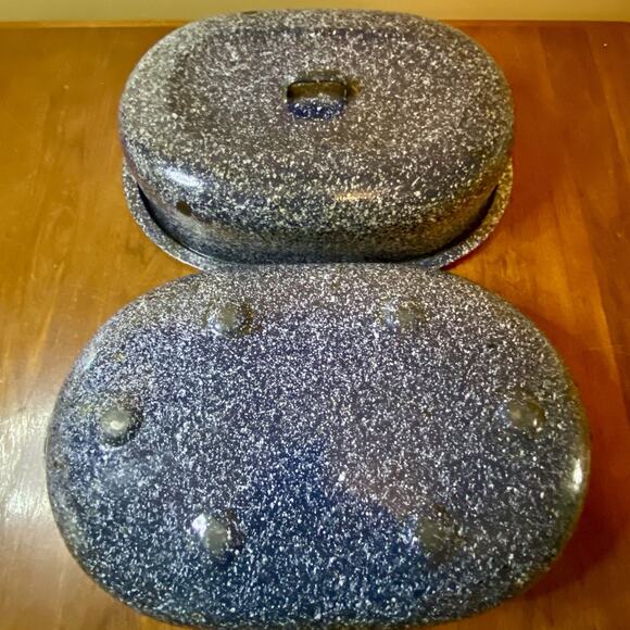 Vintage Blue Speckled Enamel Oval Roaster XL Pan Lid Rack Farmhouse Country - Picture 2 of 6
